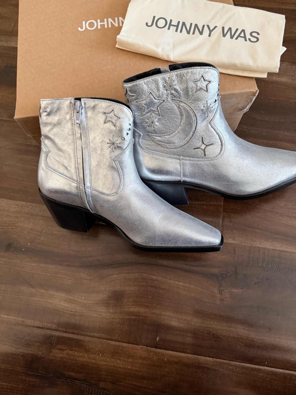 Johnny Was Silver Metallic Western Ankle Boots